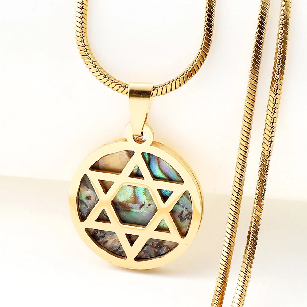 Aesthetic Hexagram Amulet Necklace for Women Men Abalone Stainless Steel Gold Color Jewish Star of David Necklaces Jewelry Colar