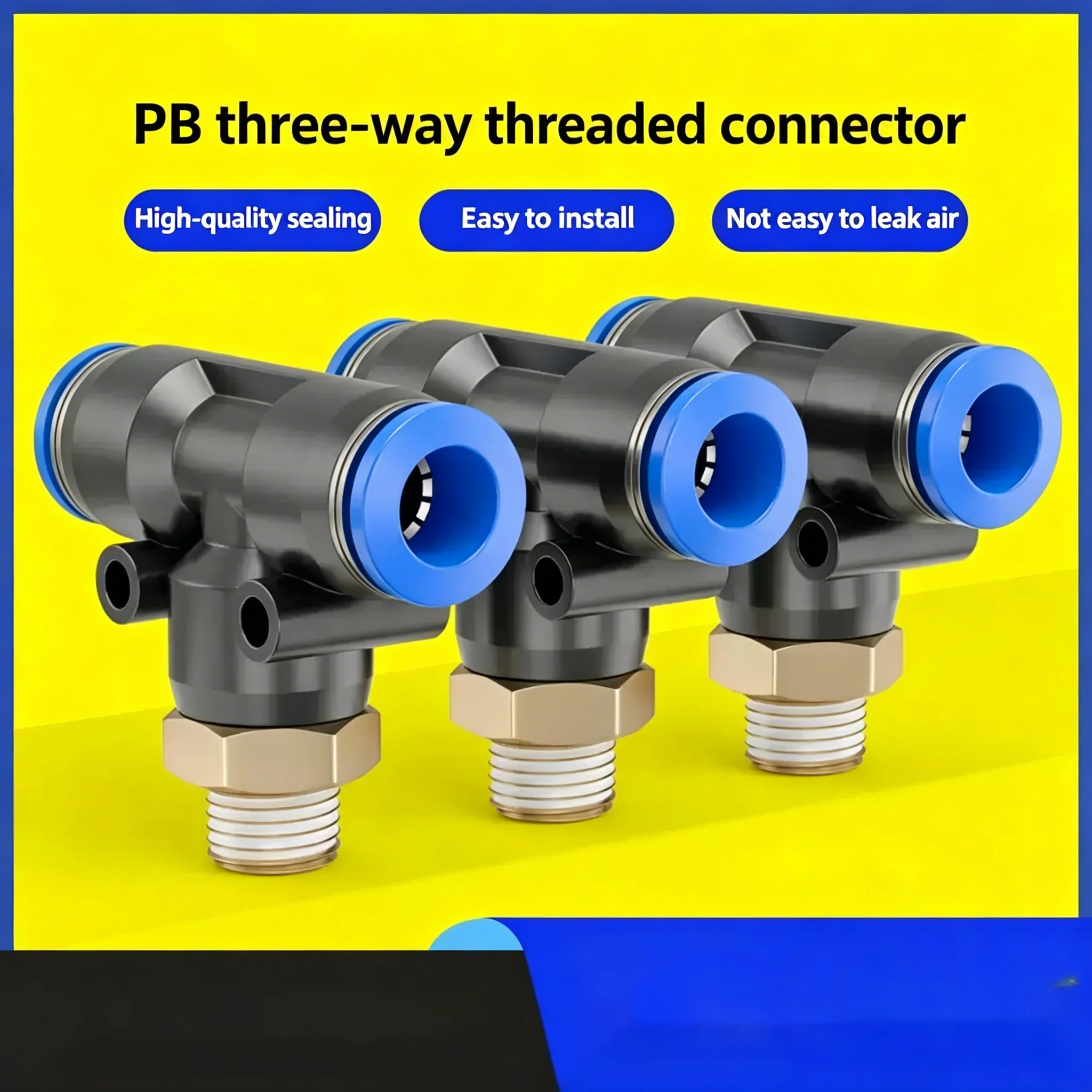 20/50PCS PB T-type Three-way Quick Connector, Pneumatic Pipe External Thread Right Angle Push-in Fitting, 4-01/6-02/8/10mm