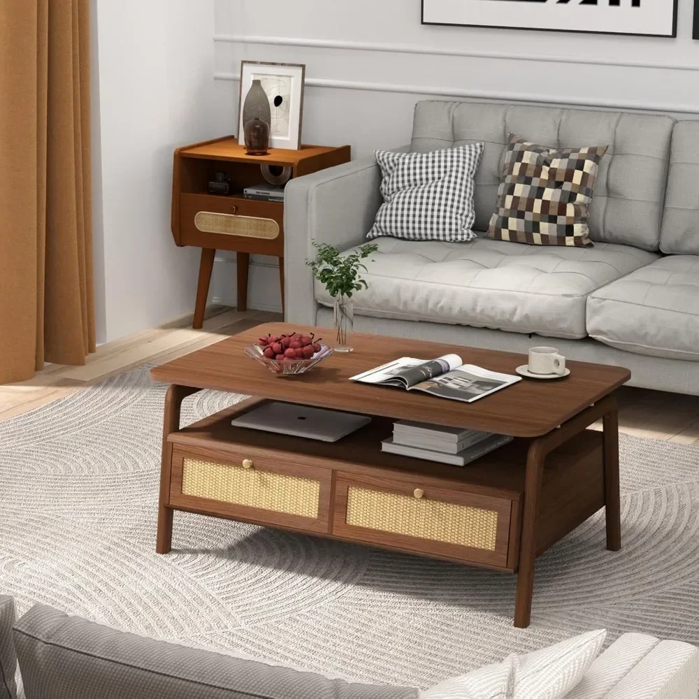 Meja Kopi Modern Abad Pertengahan dengan 4 Laci Rotan, Meja Kopi untuk Ruang Tamu, Nyaman untuk Makan, Bermain Game, atau Bekerja