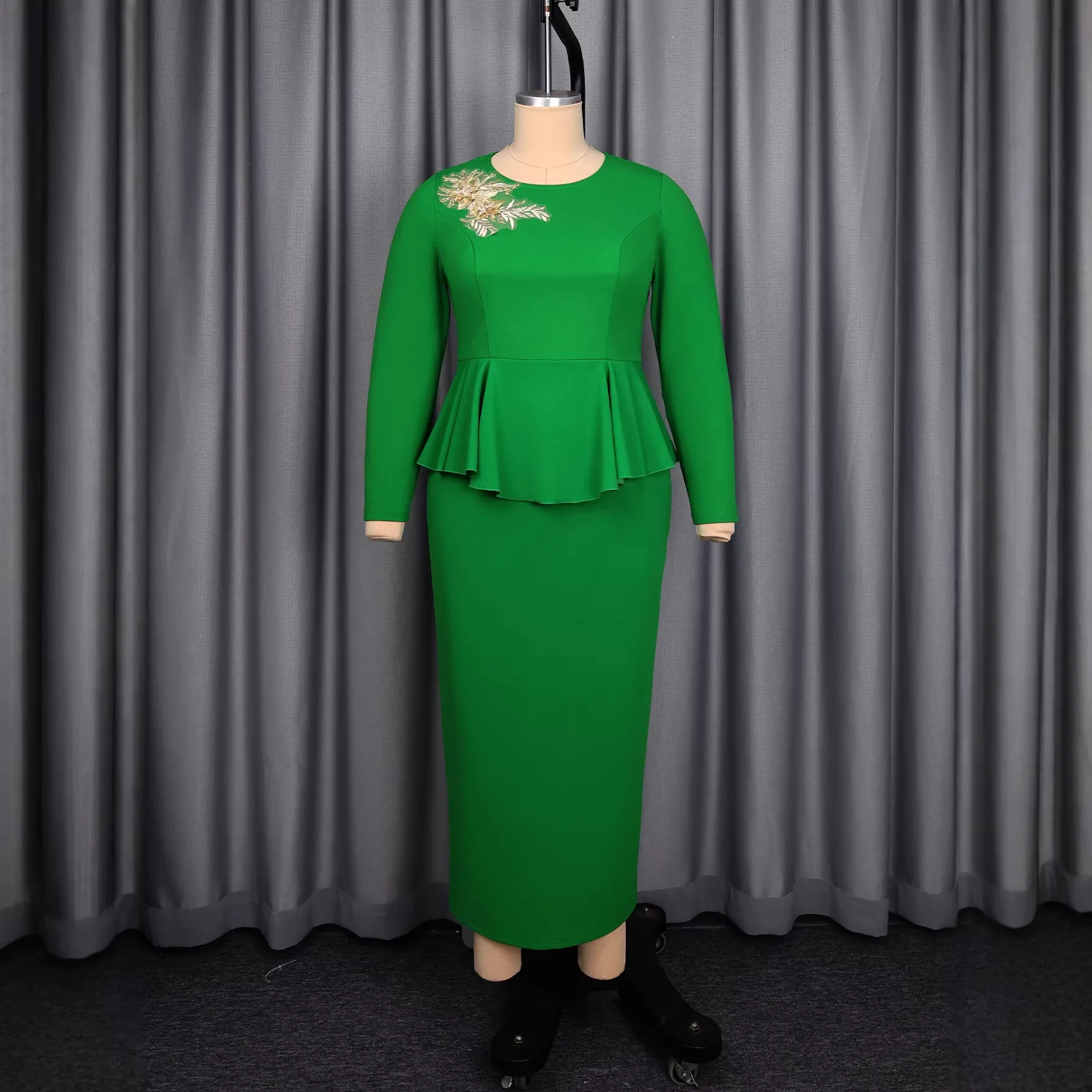 

Африканские платья больших размеров для женщин, летние элегантные африканские платья с длинными рукавами и круглым вырезом, зеленые облегающие вечерние платья L-4XL