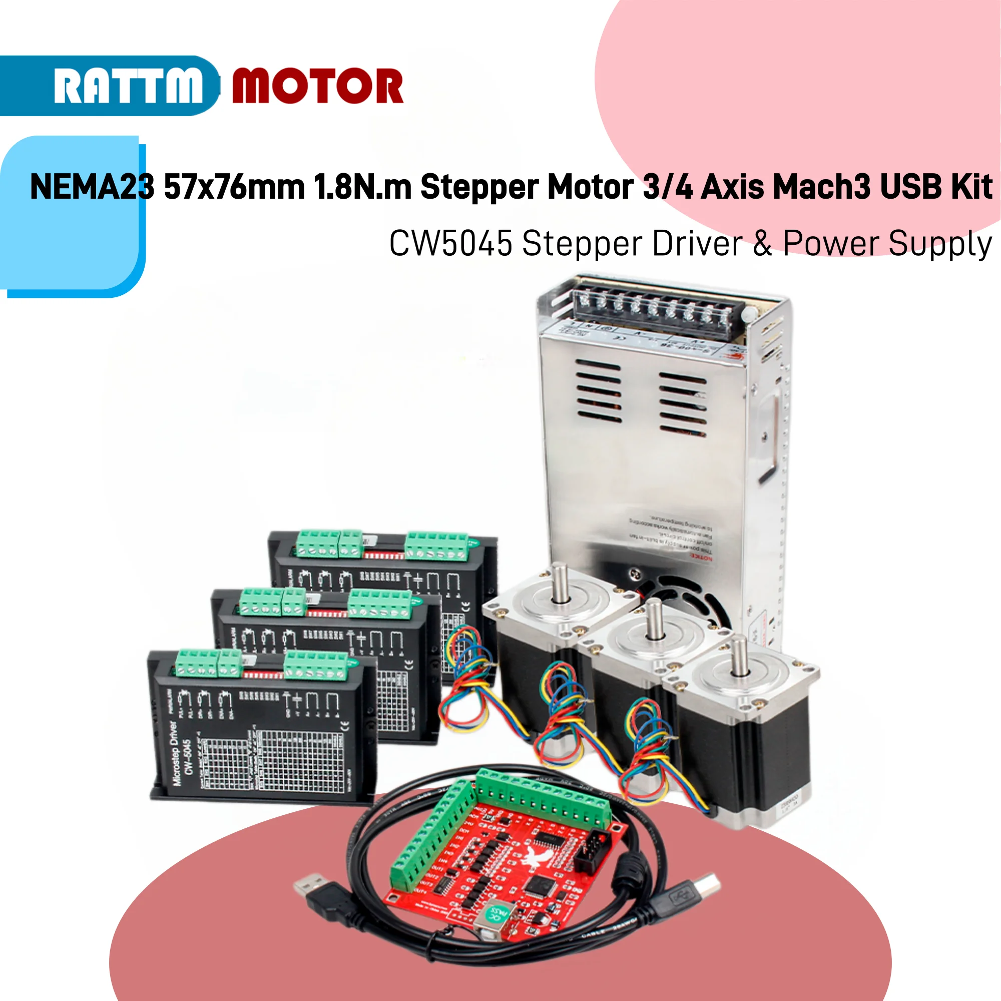 NEMA23 57x76mm 1.8N.m Stepper Motor 3/4 Axis Mach3 USB CNC Kit CW5045 Stepper Driver With 400W 36V Switching Power Supply