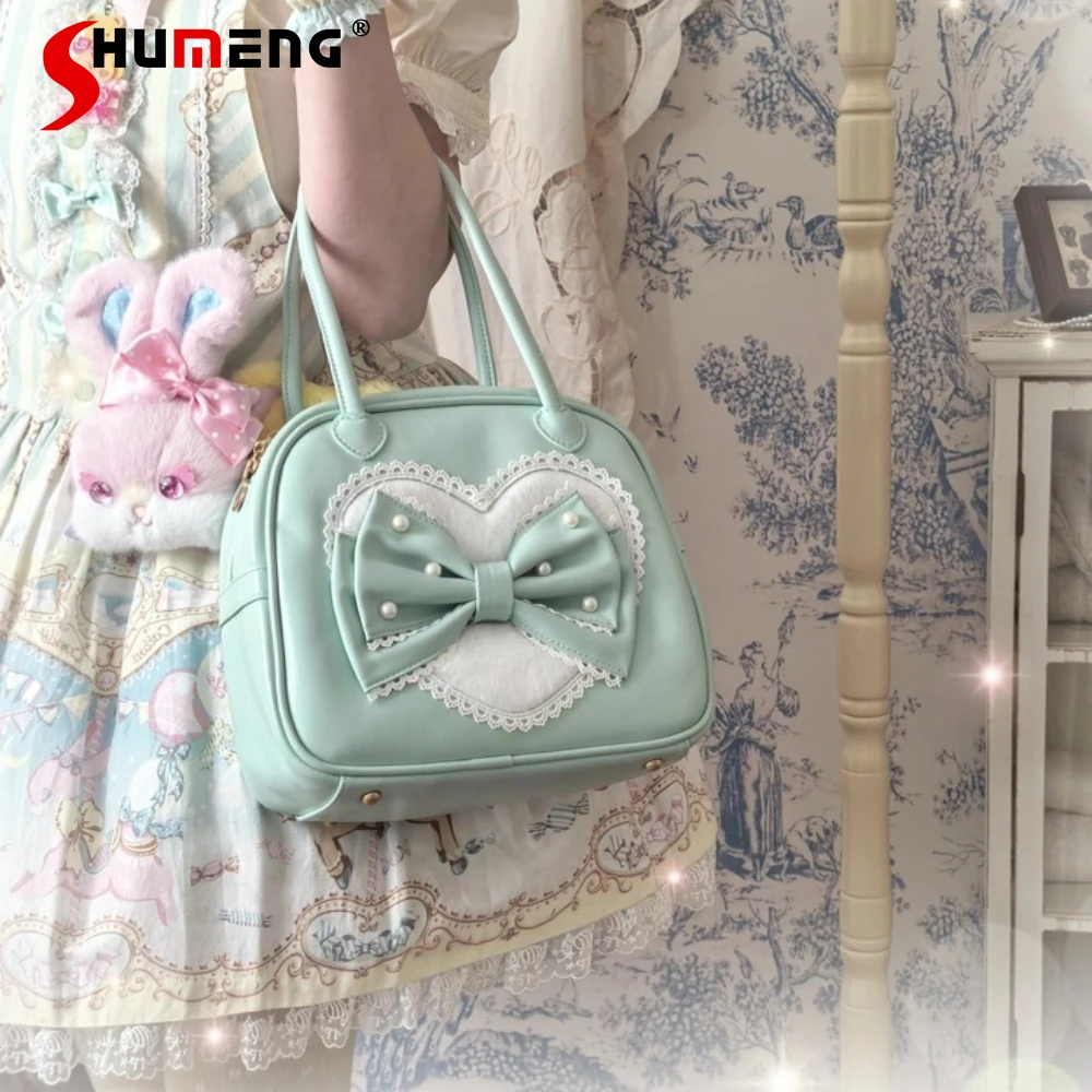 

Original Elegant Sweet Kawaii Girl's Small Square Bag Lace Plush Heart Zipper Bow Cute Versatile Lolita Handbag Women's Backpack