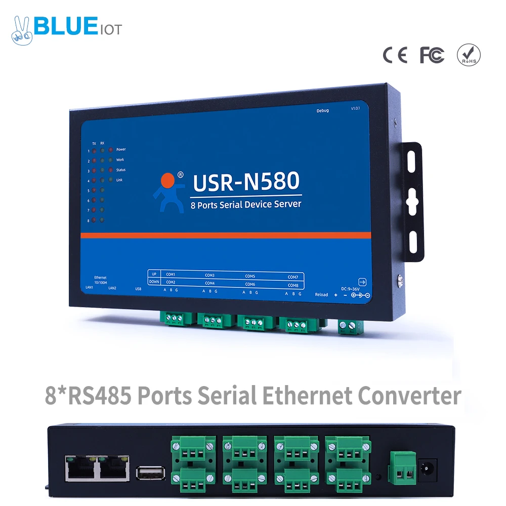 Usr-n580 산업용 이더넷 컨버터, 8 포트, Rs485 직렬 장치 서버 지지대, Modbus Rtu to Tcp 이더넷, 10 개