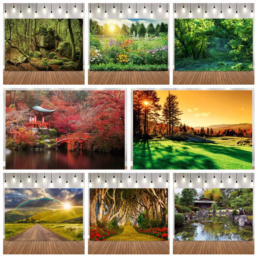 

Фон для фотосъемки с лесом, садовое цветочное поле, оранжевый фруктовый сад, природный пейзаж, вечерние портретные украшения дома, фотофон