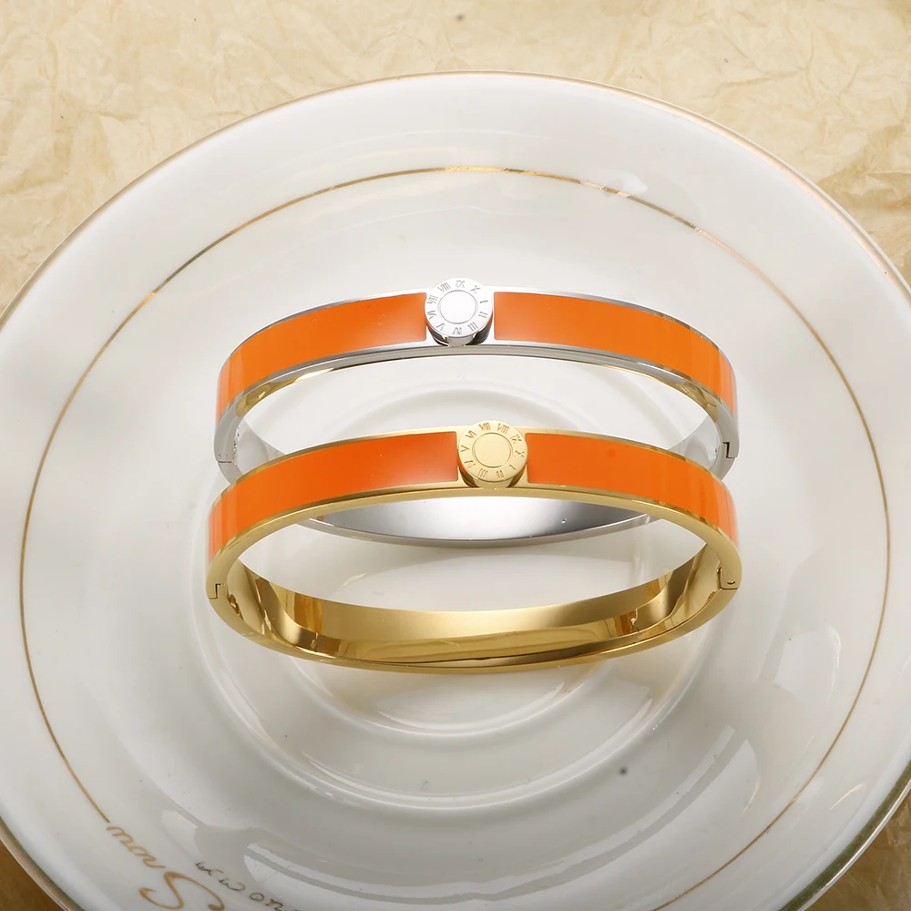 Enamel Roman Numerals Bangle Bracelet Stainless Steel Gold Color Black Colorful for Women Men Couple Fashion Simple Jewelry Gift