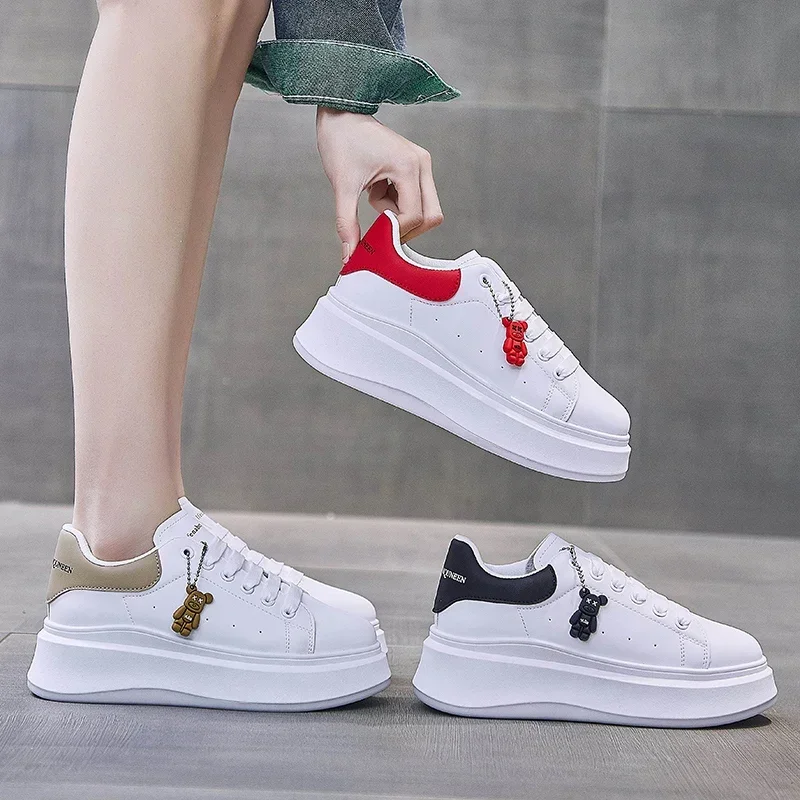 New PU Leather Women\'s White Casual Woman Vulcanize Sneakers Breathable Sport Walking Running Platform Flats Shoes