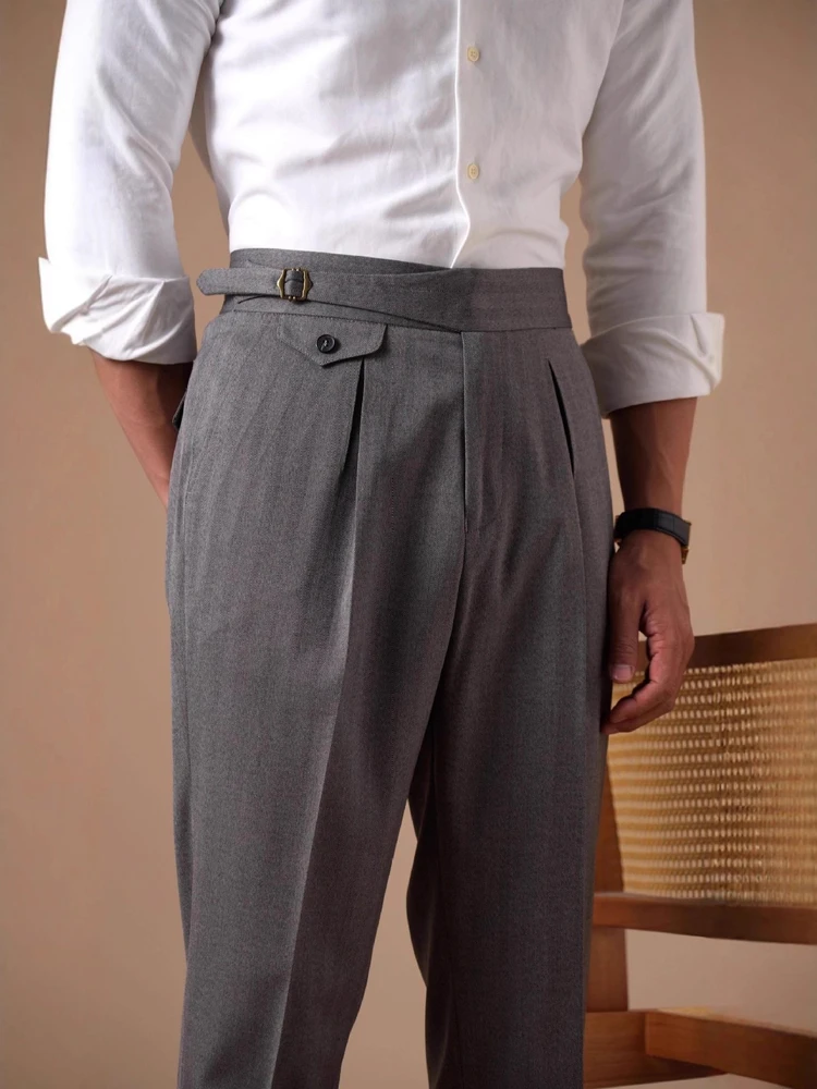 

Мужские брюки бизнес-кэжуал с высокой талией и одной складкой, осенние, для поездок на работу, немнущиеся, легкие в уходе, из смесового полиэстера, комфортная посадка