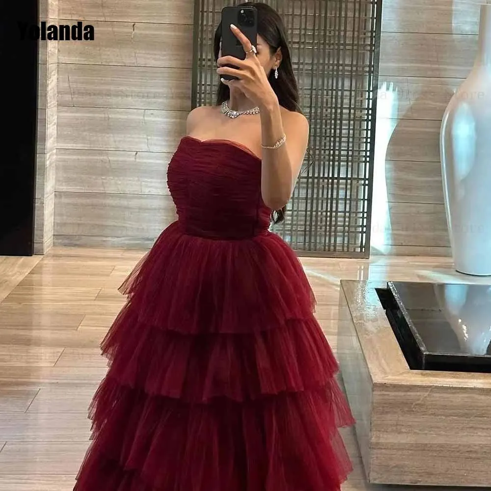 

Exquisite Red A-line Wedding Dress Sleeveless Tulle Layered Open Back Draped Pleat Bride Dresses Floor Length robe de mariée