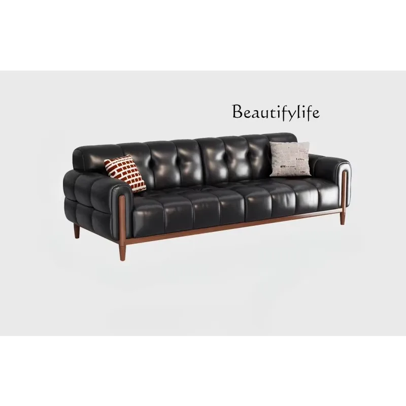 X36 Retro Leather Sofa First Layer Cowhide Living Room Straight Row French Medium Antique Black