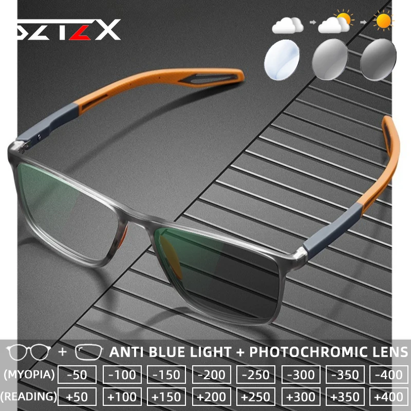 

SZTZX Ultralight Sporty Anti drop Photochromic Reading Glasses Anti Blue Light Myopia Glasses Progressive Prescription Eyewear