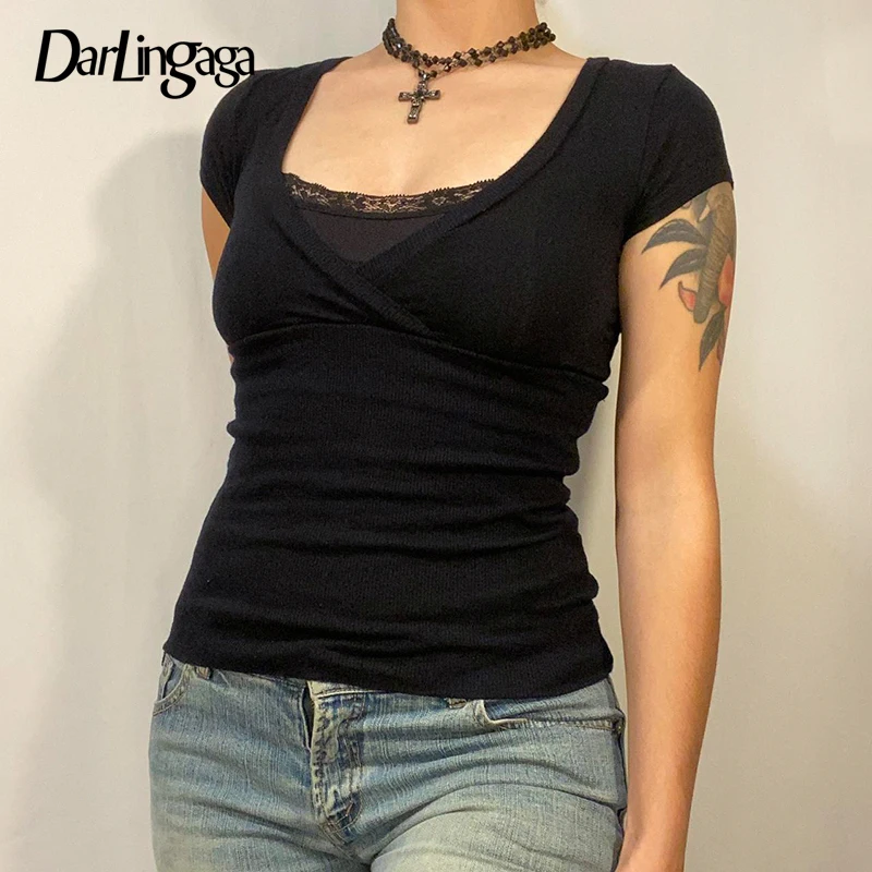 Darlingaga Vintage Y2K Aesthetic Skinny Knitted Women T-shirts Basic Lace Patched 2000s Gothic Dark Top Tee All-Match Clothing