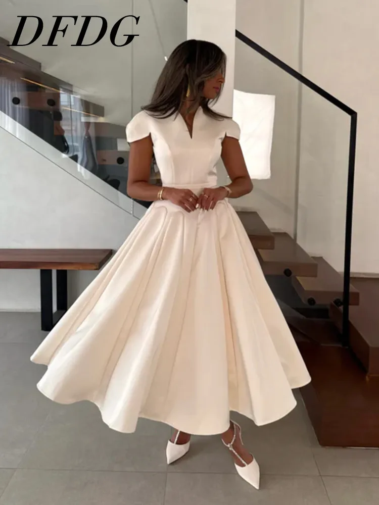 

DFDG Women's Spring Summer Beige V Neck Short Sleeve Fitted Flared Midi Dress Formal Wear 2026 Trendy Feminine Fashion Dress