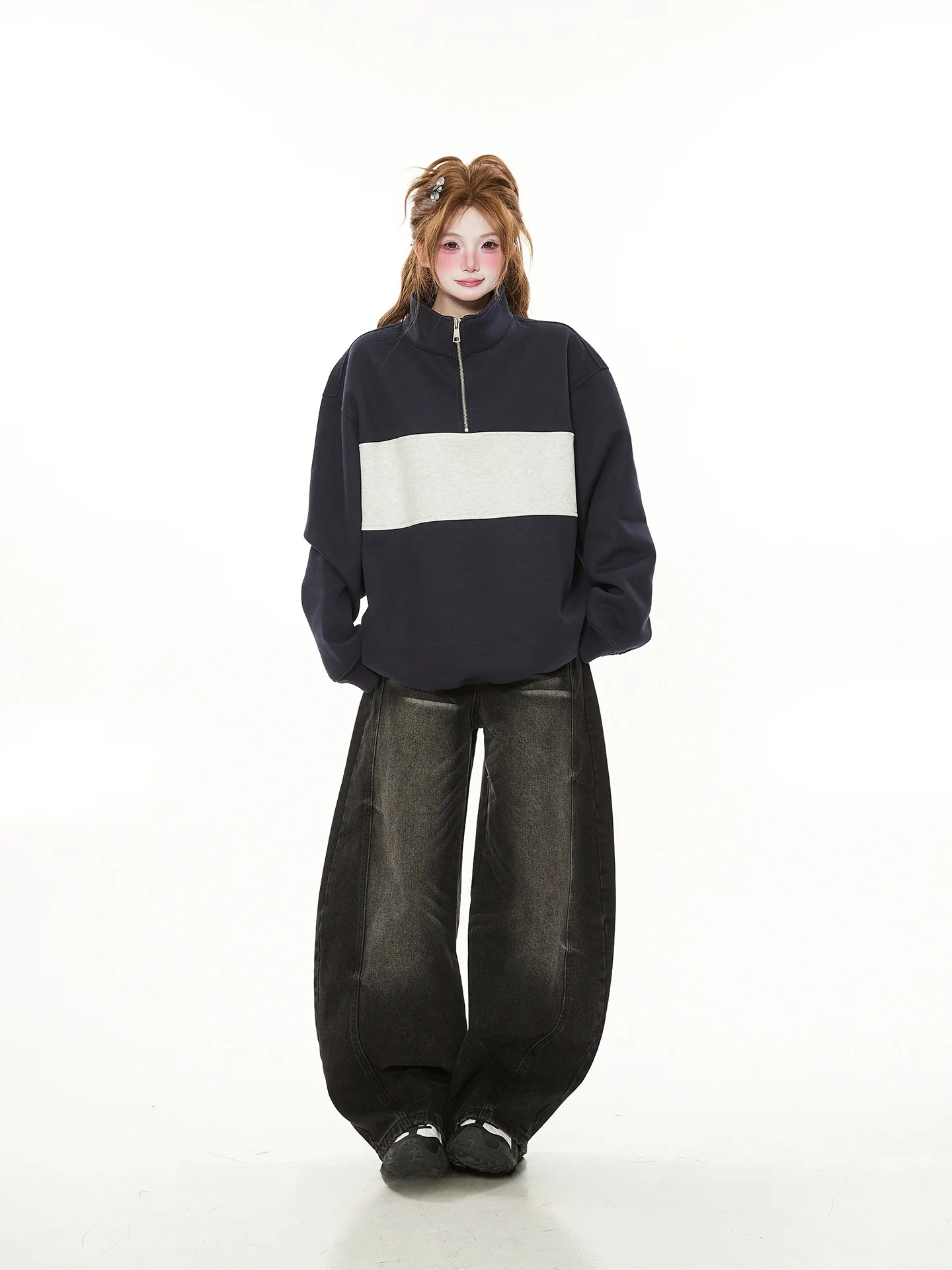 

American Casual Patchwork Color Blo Stand Collar f Zipper Hoodie Women Spring Autumn New Loose High Sense Overhead Jaet