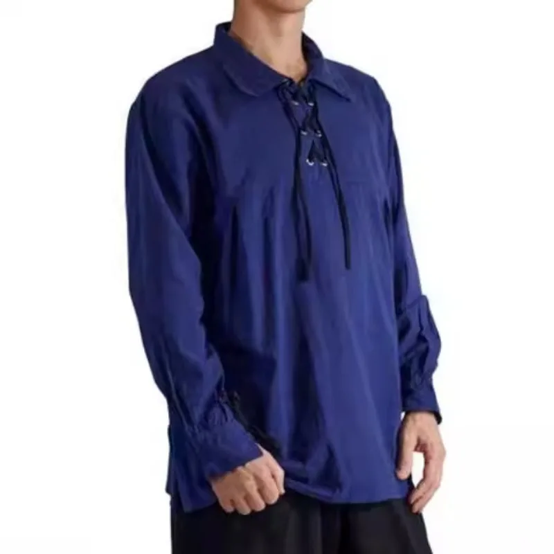 Daily Trendy Men's Long-sleeved Retro Lapel Straps Decorative Design Loose Casual Shirt