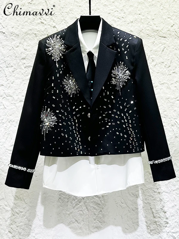 

Новинка 2025 года, осенний пиджак с тяжелой вышивкой и стразами, мужская модная легкая роскошная короткая куртка с длинными рукавами и подкладкой на плечах