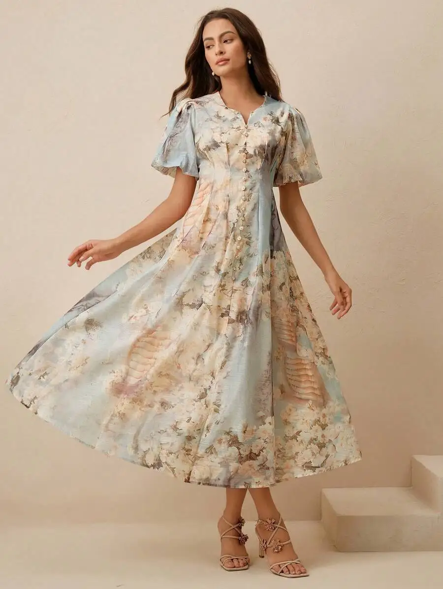 

Women’s A-Line Midi Dress In Soft Blue Watercolor Floral Print, V-Neck, Puff Sleeves, And Front Pearl Button Fastening