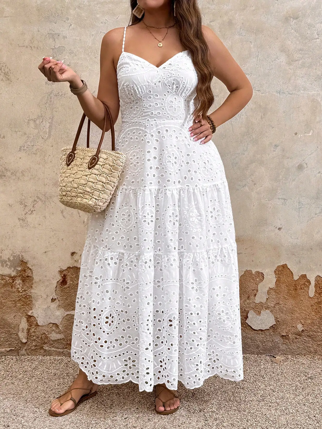 

White Eyelet Lace Spaghetti Strap Tiered Maxi Dress Casual Vacation Bohemian Summer Women