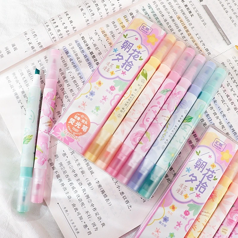 6pc/set Double Head Pastel Color Fragrance Highlighter Kawaii Stationery Color Marker School Supplies Marker Japanese Stationery