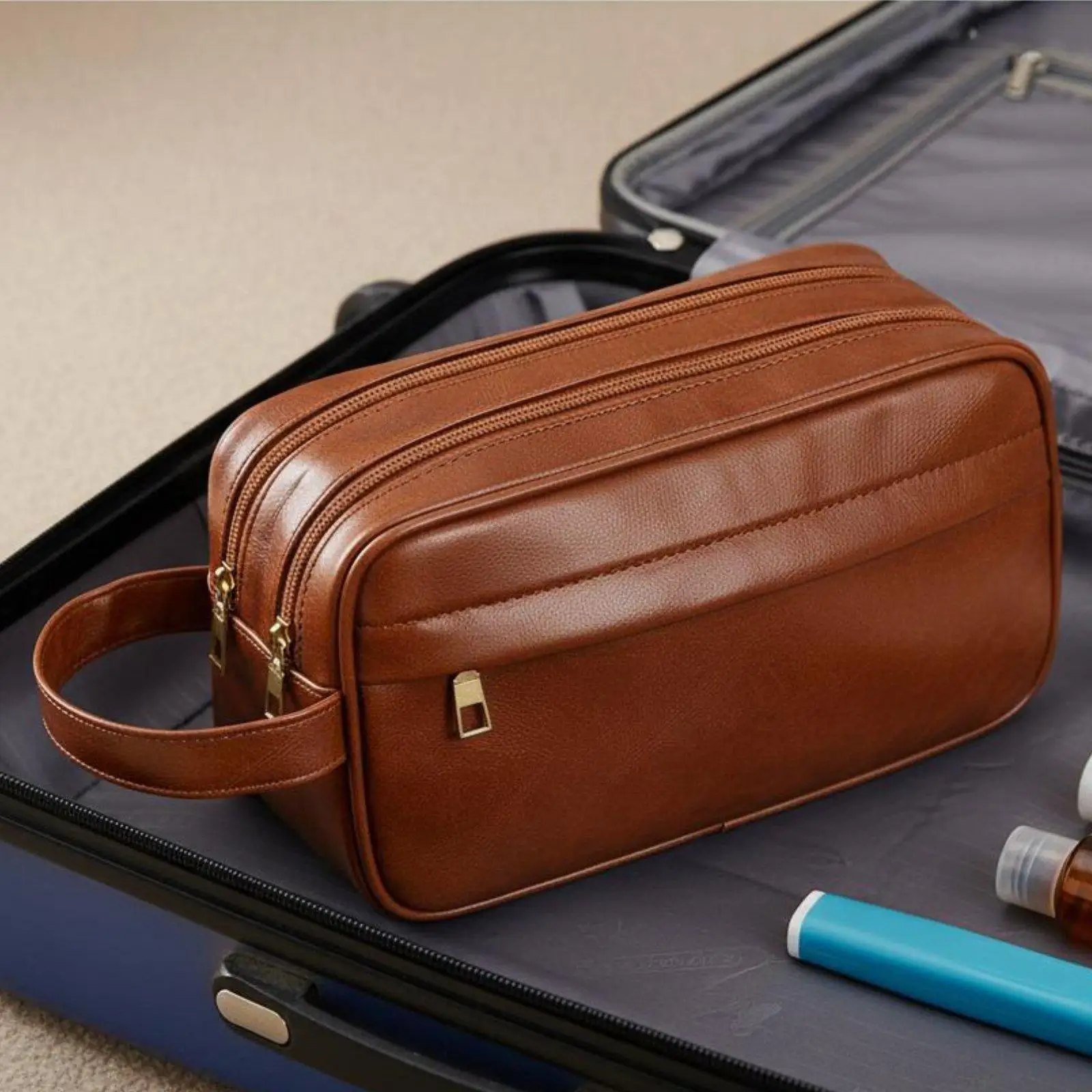 PU Leather Toiletry Organizer Waterproof Men's Travel Toiletry Bag Light Elegant Design Men's Grooming Travel Case for Business