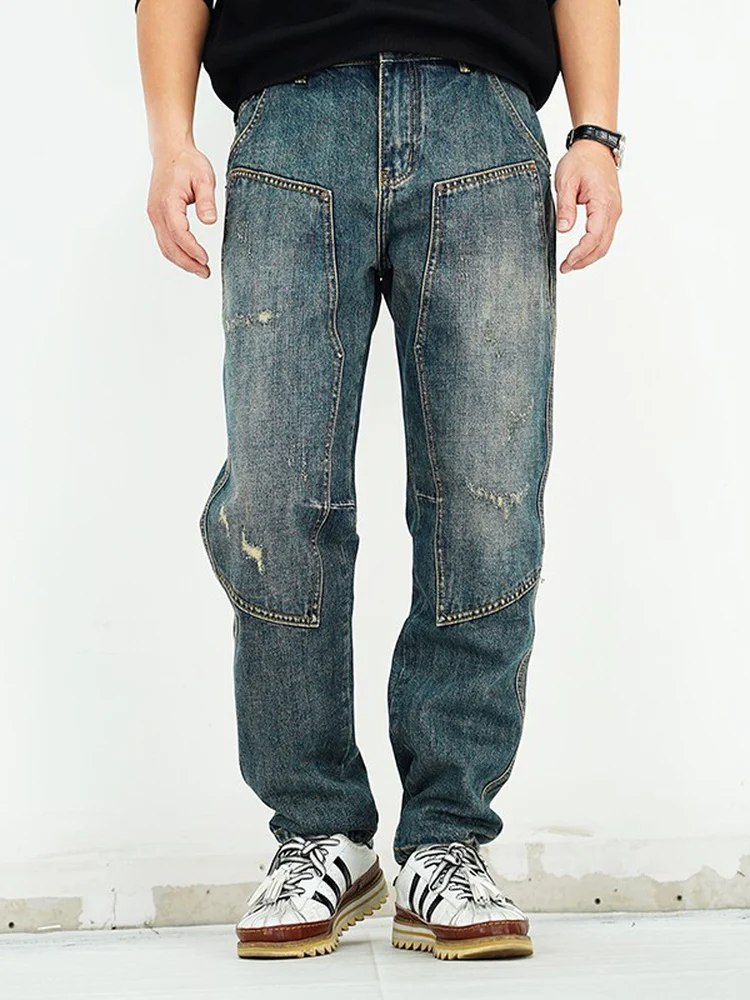

Ретро-джинсы американского стиля с прямыми штанинами для мужчин, осенне-зимние, свободные, люксовые, длинные, модные, повседневные, в стиле кэжуал, с геометрическим узором