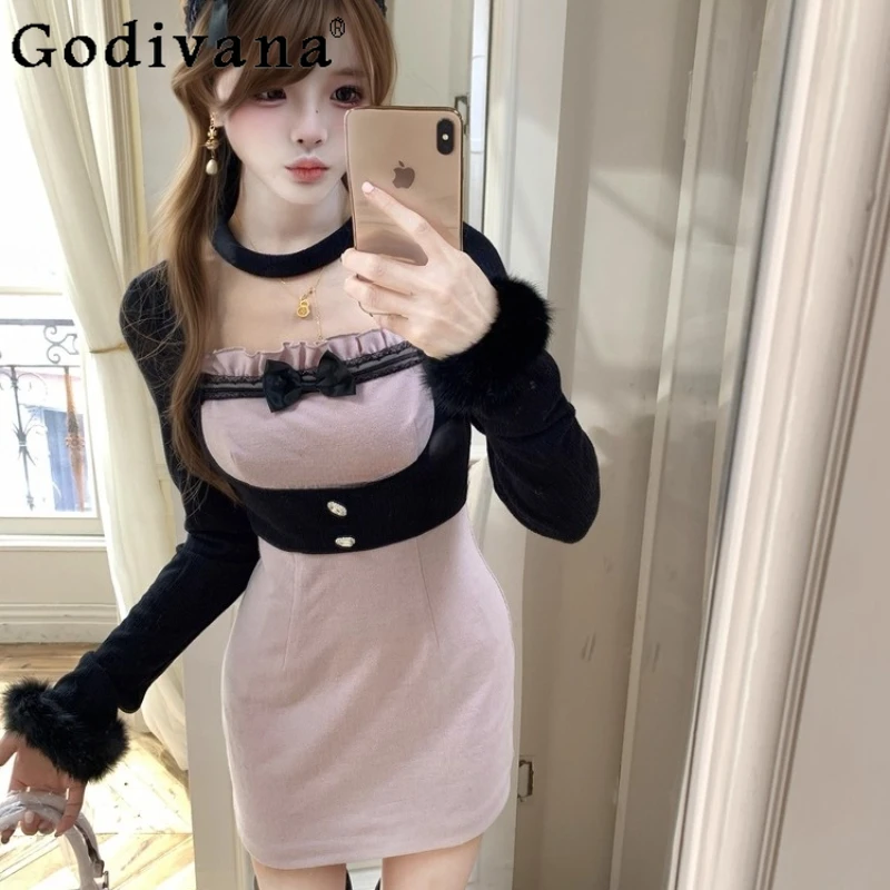 

Sweet Cool Girls Pink Purple Slim Fit Dress Japanese Style Lolita Bodycon Dress for Women Long Sleeve Bow Contrast Color Dress