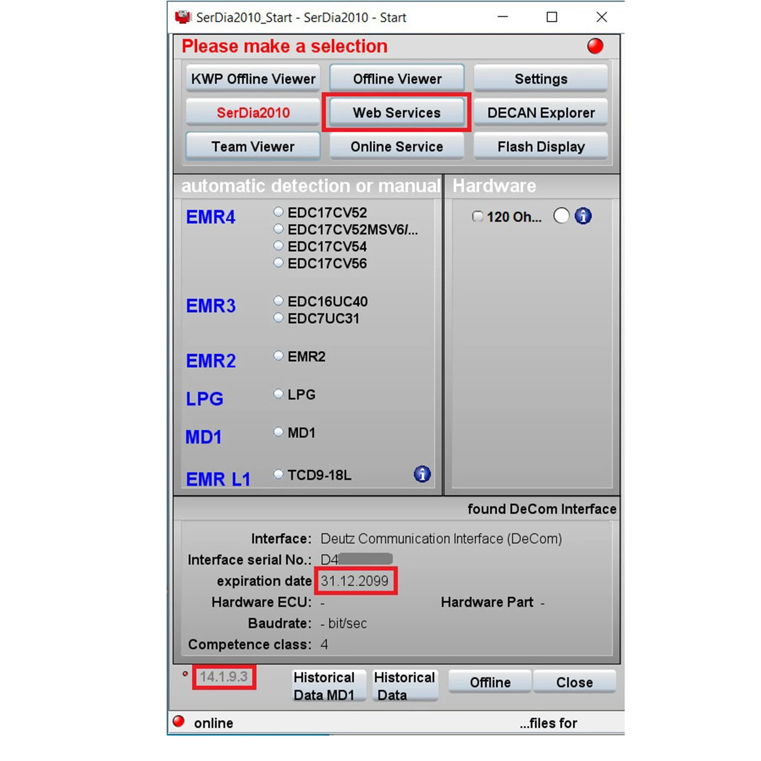 Version 14.1.9.3 Deutz Serdia2010 SerDia 2010 6 Level Class 4 License Update to 2099 For Deutz ECU Read Write EMR4 EMR3 EMR2