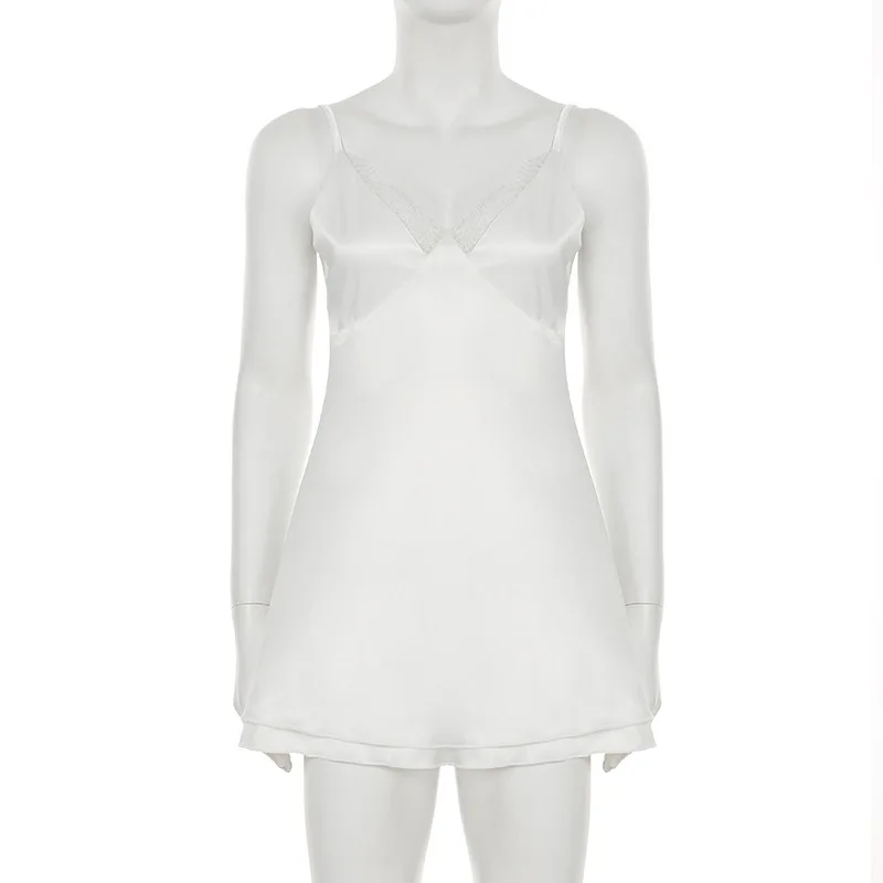2025 vestido de satén de Color sólido combinación blanca falda de empalme de encaje vestido Sexy de tirantes finos con espalda abierta sin espalda