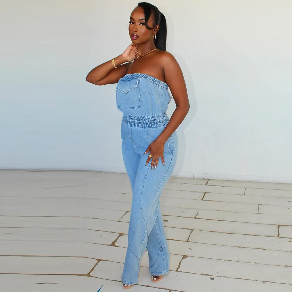 Women Jumpsuits Summer Sexy Sleeveless Backless Strapless Stretch Denim Jumpsuits Streetwear Casual Pocket Straight Jeans Romper