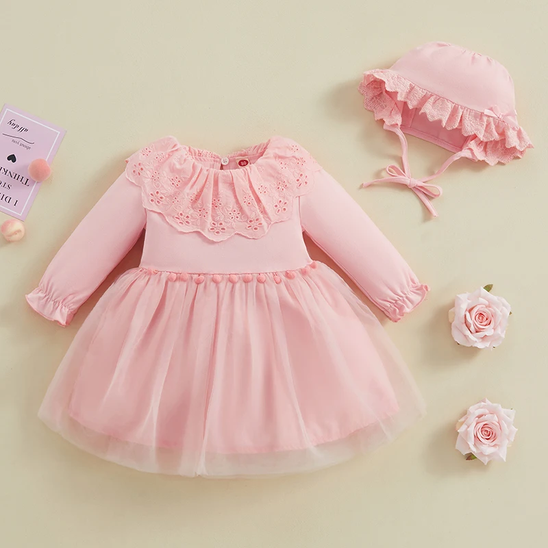 Toddler Girls Dress Lace Doll Collar Bobbles Layered Tulle Hem Long Sleeve Baby Dress Spring Casual Princess Dress with Hat