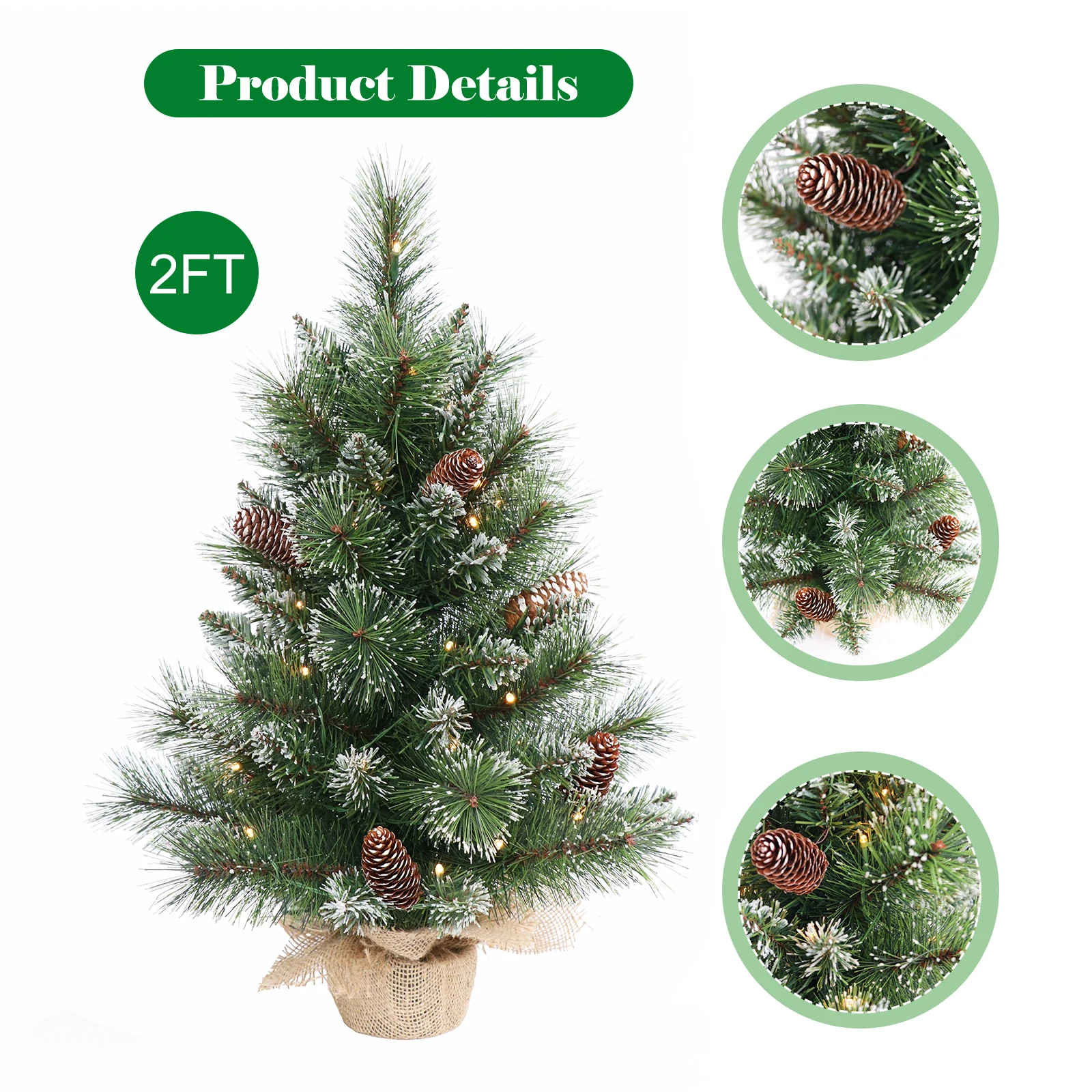 2ft/60cm Simulated Christmas Tree With LED Light String Green Pine Needles And PVC Mixed Leaves, Xmas Tree With Pine Cones