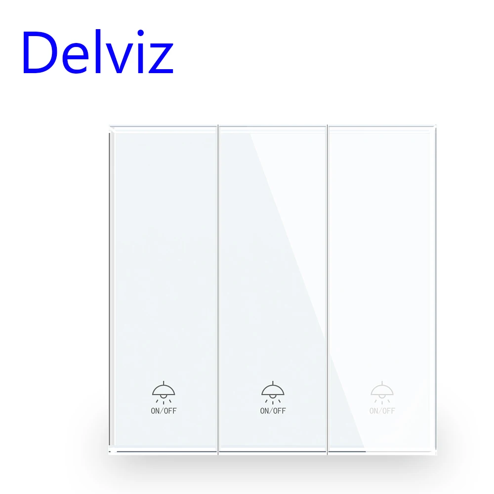 Delviz EU standard 16A Wall lamp switch, Tempered crystal glass Panel, AC 110V~250V, 3 Gangs 2 Way Push Button UK Power Switch