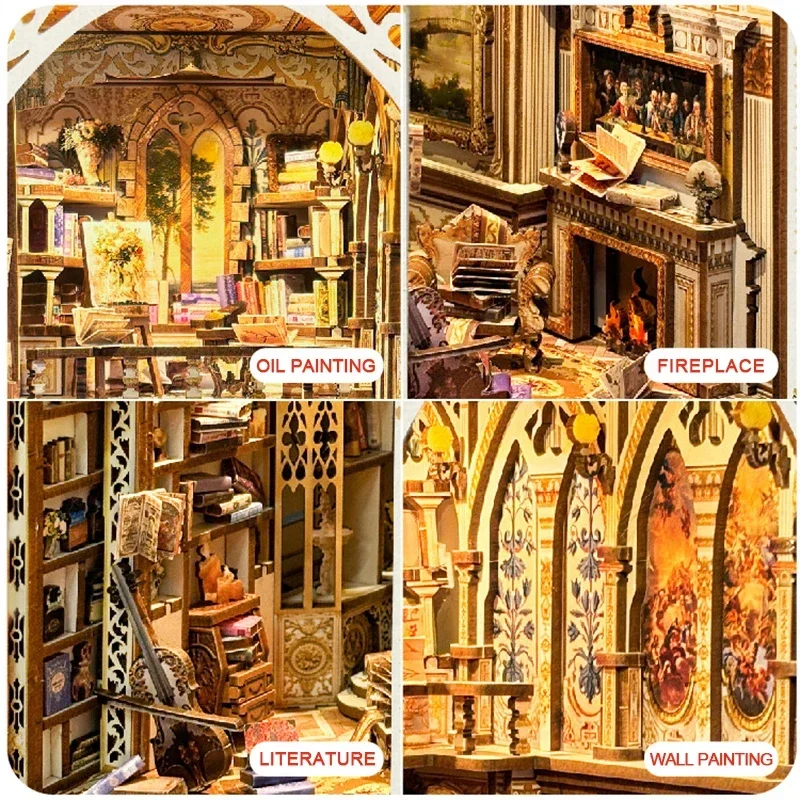 

Retro Baroque Dreams DIY Wooden Book Nook Shelf Insert Miniature Kits Bookshelf Home Bookend Decoration For Adult Handmade Gifts