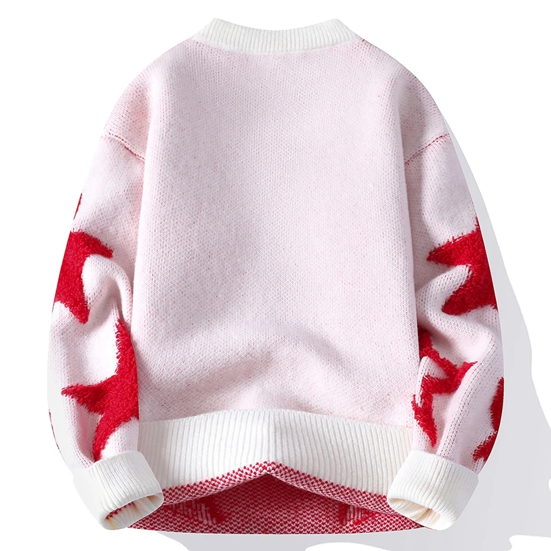 Men's White Pullover Star Design Round Neck Knitwear Soft Comfortable Oversized Autumn Winter Casual Pullover for Male
