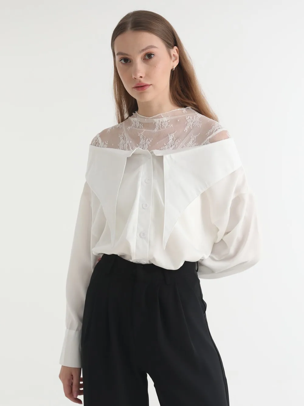 Getspring Women Shirt Asymmetry Lace Patchwork White Blouse Long Sleeve Fake Two Color Matching Casual Shirt Tops 2024 New