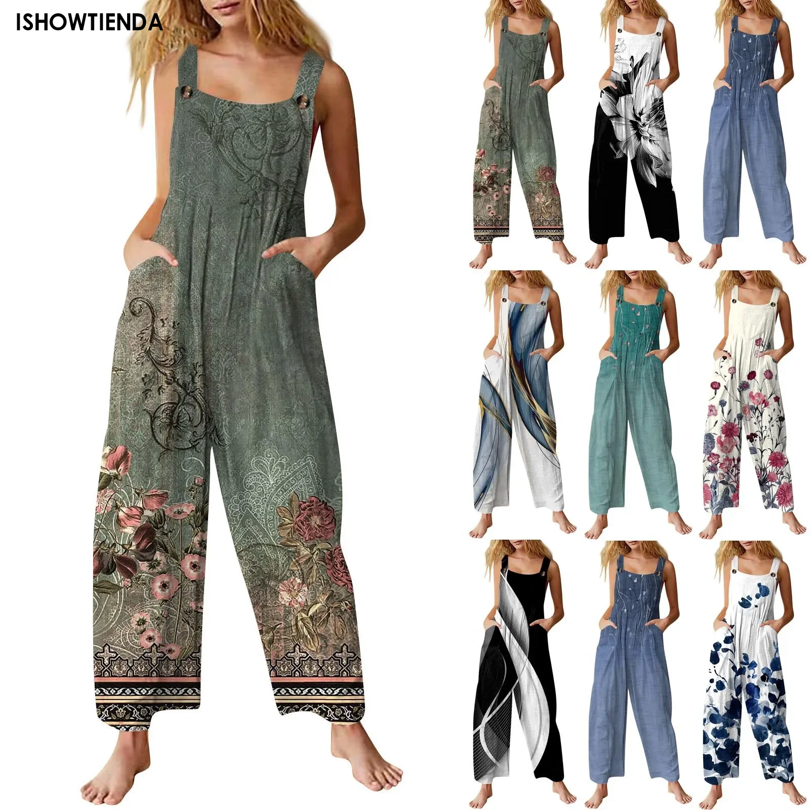 Women Ethnic Style Jumpsuits Summer Overalls Multicolor Square Neck Sleeveless Casual Rompers With Pockets For Girls Playsuit