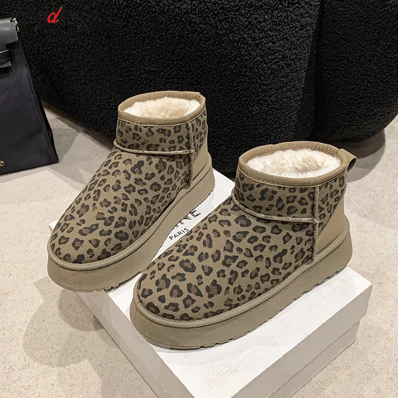 Leopard Print Suede Snow Boots Woman Platform Ankle Boots Winter New Thickened plush Warm Cotton Shoes Women  Short-Tube Boots