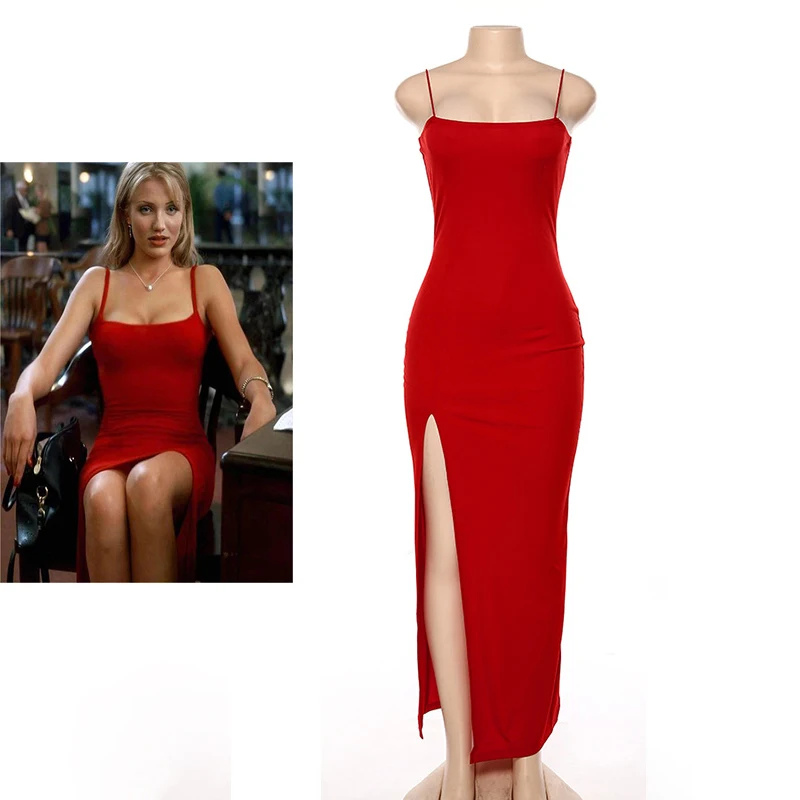 Tina Carlyle Cosplay Red Dress Movie Costume Women Sexy Slip High Slit Evening Gown Halloween Carnival Party Fantasia Outfits