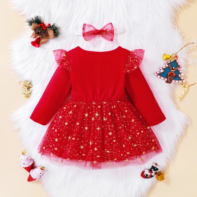 Baby Girls Dress Red Deer Sequins Long Sleeve O-neck Letter Ruffle High Waist Fall Christmas Dress+ Headband  Tutu Party Dresses