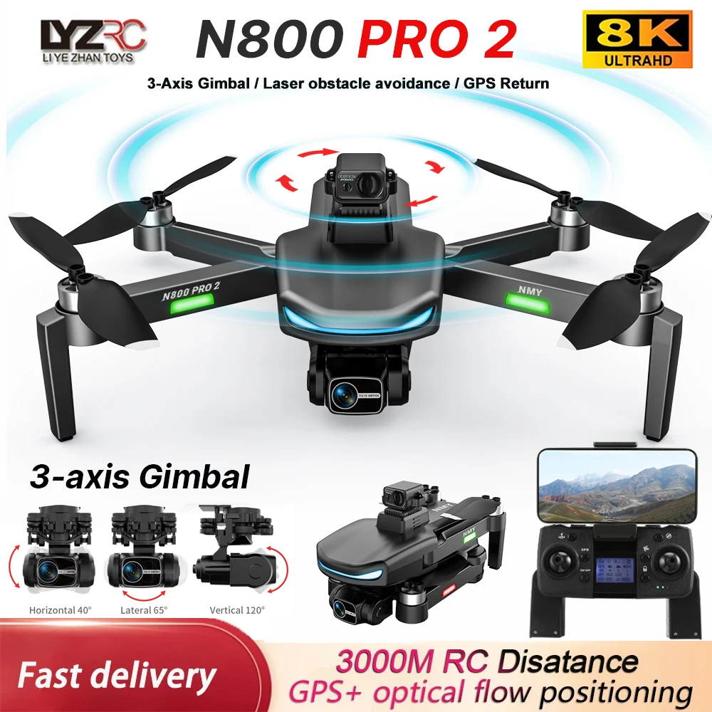N800 PRO 2 GPS Drone Professional 4K 3-Axis PTZ HD Dual Camera Obstacle Avoidance Brushless Motor 5G WIFI RC Quadcopter Toys