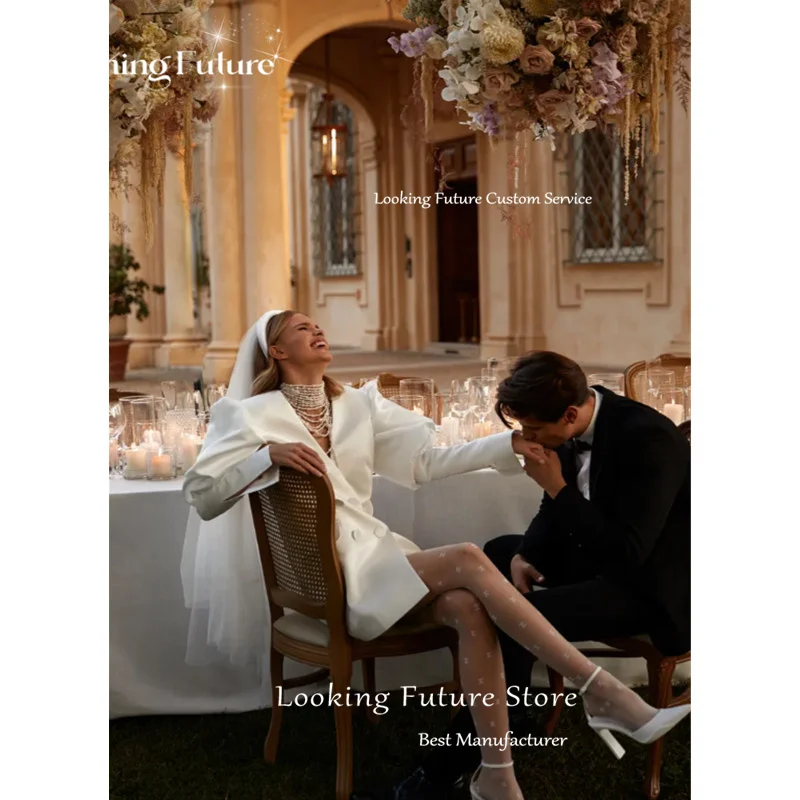 Aangepaste Eenvoudige Satijnen Schede Mini Trouwjurken Lange Bladerdeeg Mouw Sexy V-hals Plooi Knop Jurken Voor Bruid Ivoor Korte Jurk