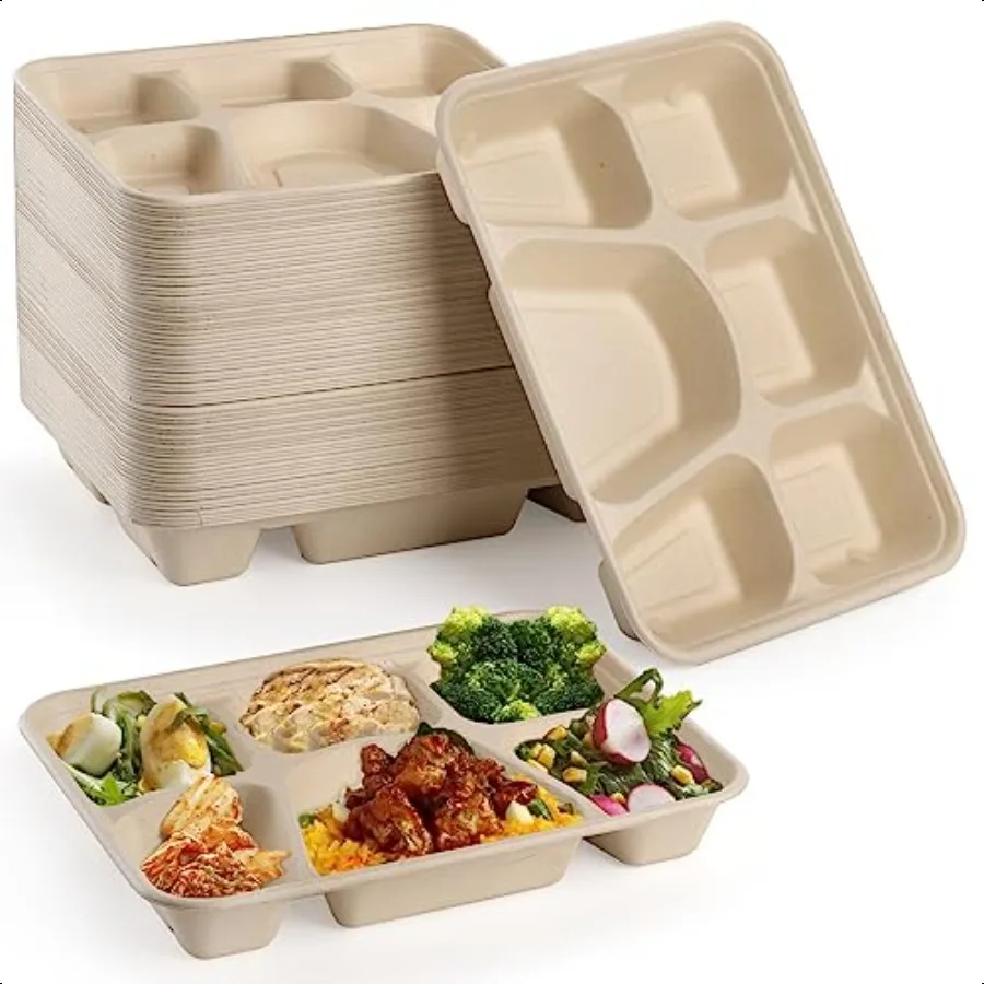 

50 упаковок, 6-отдельные бумажные тарелки, Bagasse, лоток для школьного обеда, сверхпрочные тарелки с сахарной тростью, безопасные для микроволновой печи
