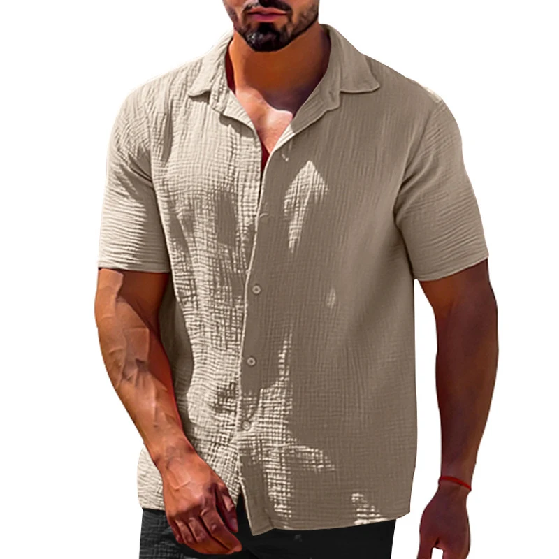 Camisa informal de lino y algodón para hombre, cárdigan de manga corta con botones y solapa, ropa de calle para primavera y verano, 2023