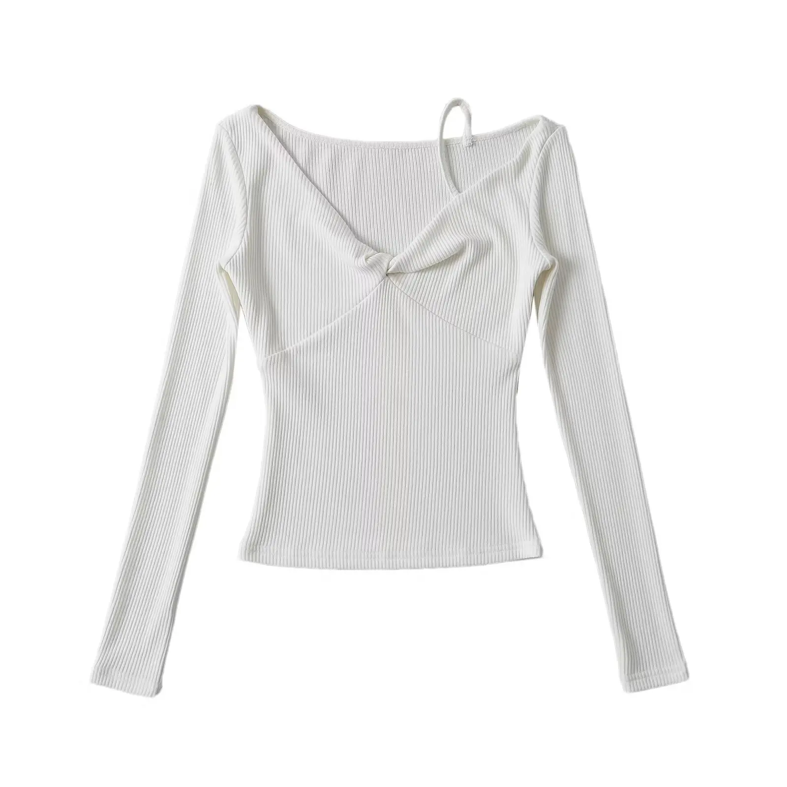 Slim Fit V-Ne Gestrickte Basis irt Damen Lange Sve T-shirt Street Sle Low Cut Twist Knoten Taille Abnehmen ort Länge