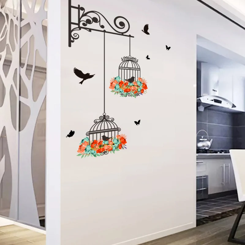 Colorful Flower birdcage flying birds wall sticker Creative home decor living room Decals wallpaper bedroom nursery window decor