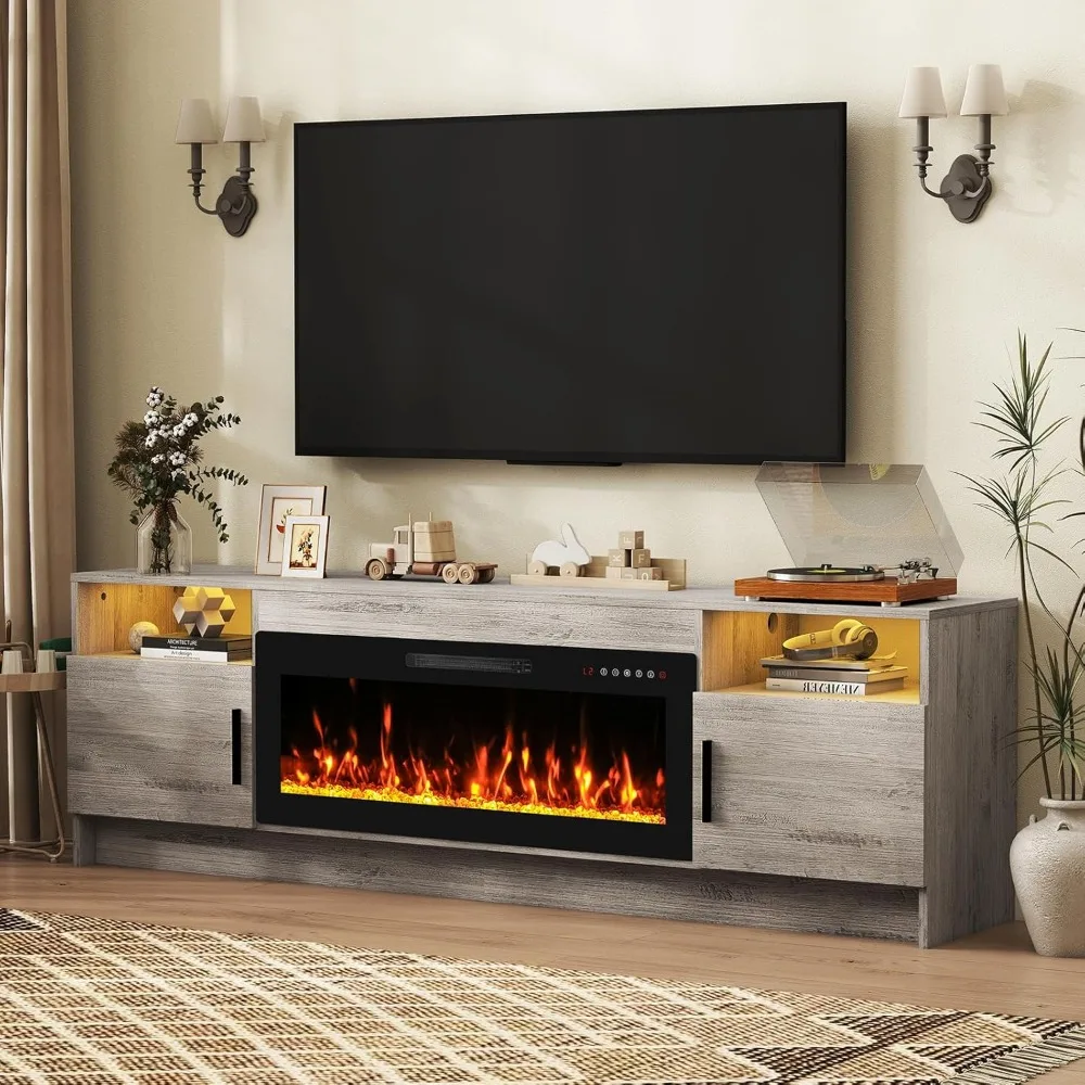 Fireplace TV Stand for TVs Up to 80, LED Light Media Console with 36 Electric Heater, Storage Cabinet, Entertainment Center