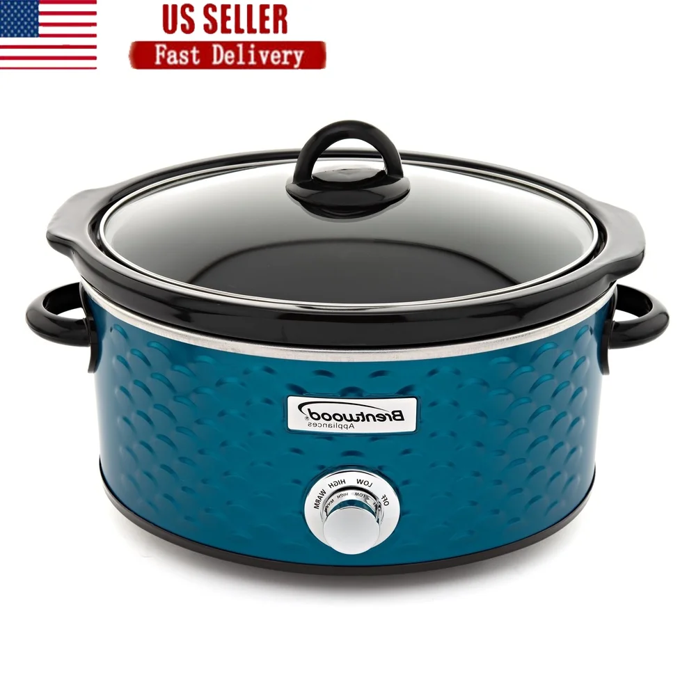 

4.5 Quart Slow Cooker with Scallop Pattern Tempered Glass Lid Lead Free Ceramic Pot 3 Settings Durable Metal Body