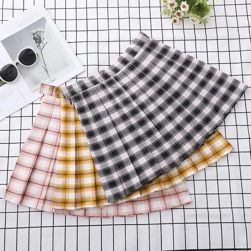 

Women's Pleated Skirt High Waist Yellow Plaid Saia Girls School Uniform Style Falda Tableada Female Mini Skirt with Shorts