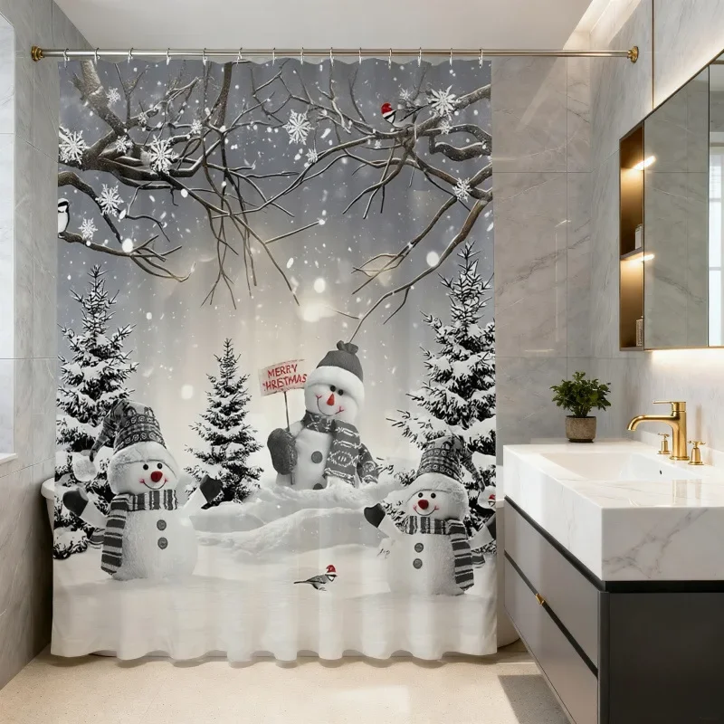 Christmas Shower Curtain Snowman Gingerbread Man Santa Xmas Tree Reindeer Waterproof Bath Curtain Holiday Decor w Hook