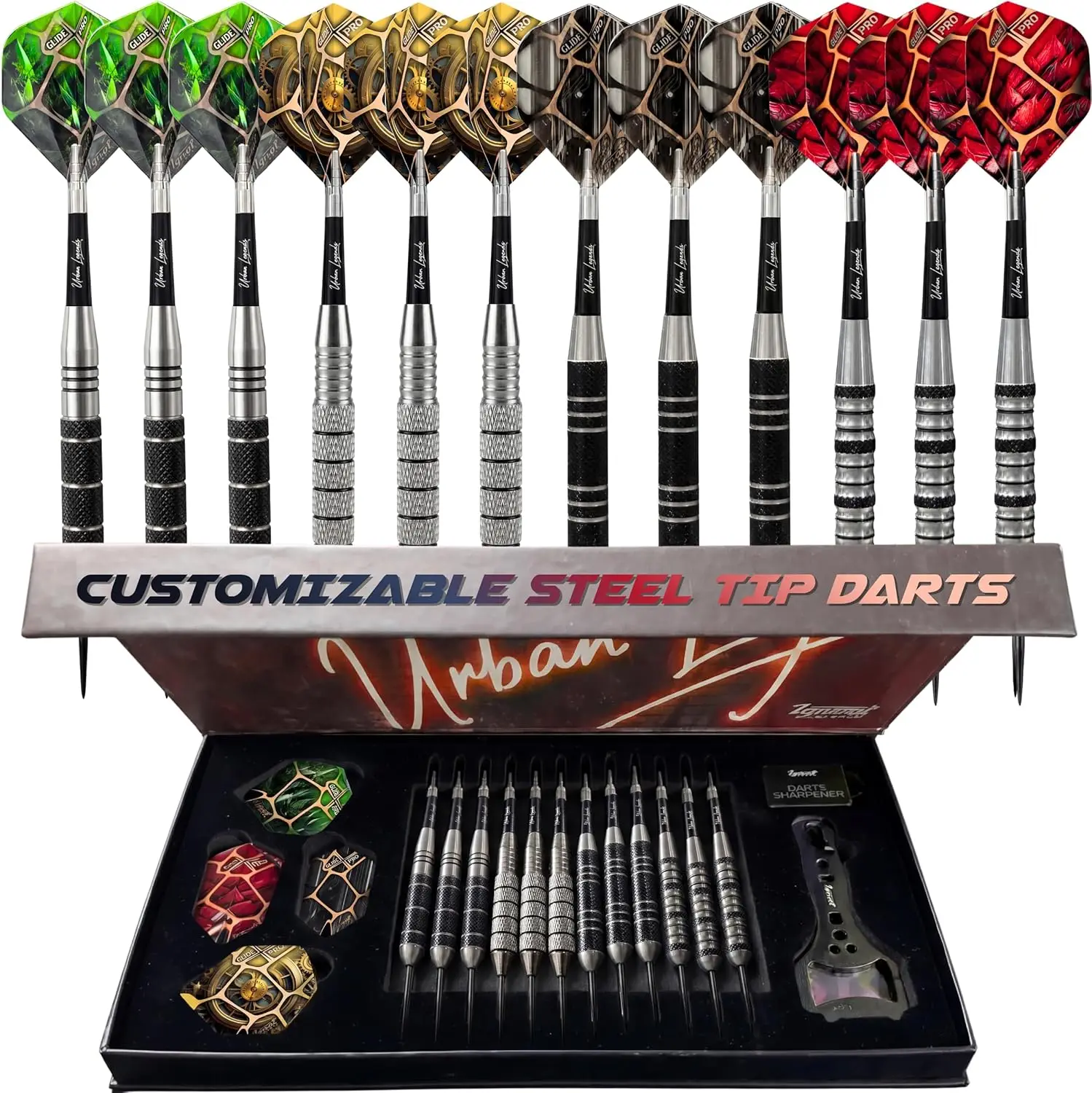 

12-Pack Steel Tip Darts with 32 Flights, Aluminum Shafts, Multi-Grip Barrels, Magnetic Box & Accessories