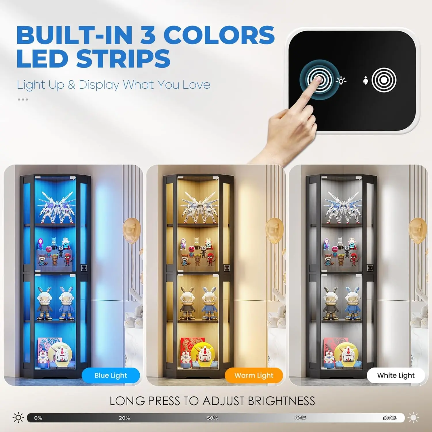 Armário de exibição de vidro de canto de 65" com luzes LED, vitrine de 4 camadas com portas de vidro e sensor de corpo humano, preto